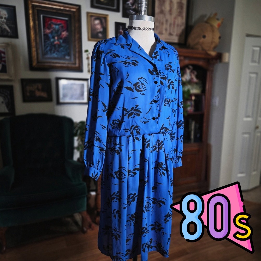 Vintage 80s Carriage Court Blue Black Floral Button Up Long Sleeve Midi Dress